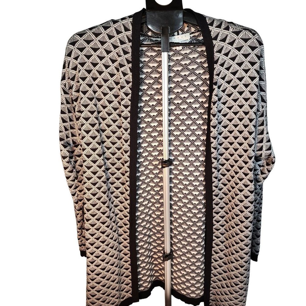 Chaus Black & White Open‎ Front Cotton Cardigan Sweater Large NWT